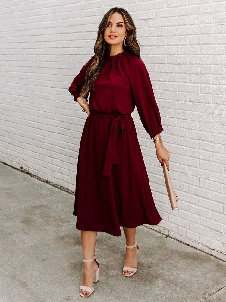 Mock Neck Long Sleeve Belted A-Line Midi Dress - View 6