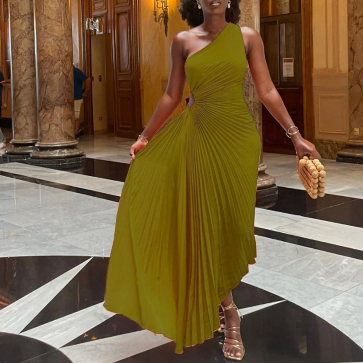 One Shoulder Pleated Cut Out High Split A-Line Maxi Dress - View 6