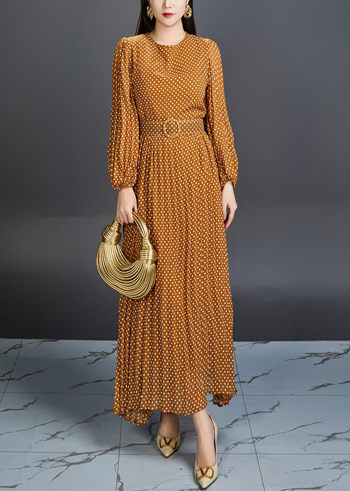 Polka Dot Bishop Sleeve Belted Waist Chiffon Maxi Dress - View 2