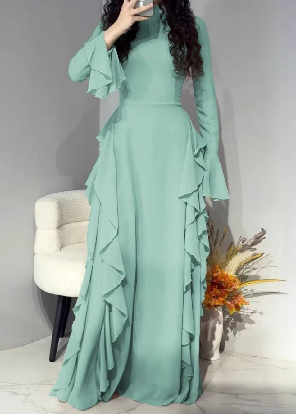 Elegant Pink Solid High Waist Chiffon Maxi Dresses Flare Sleeve - View 2