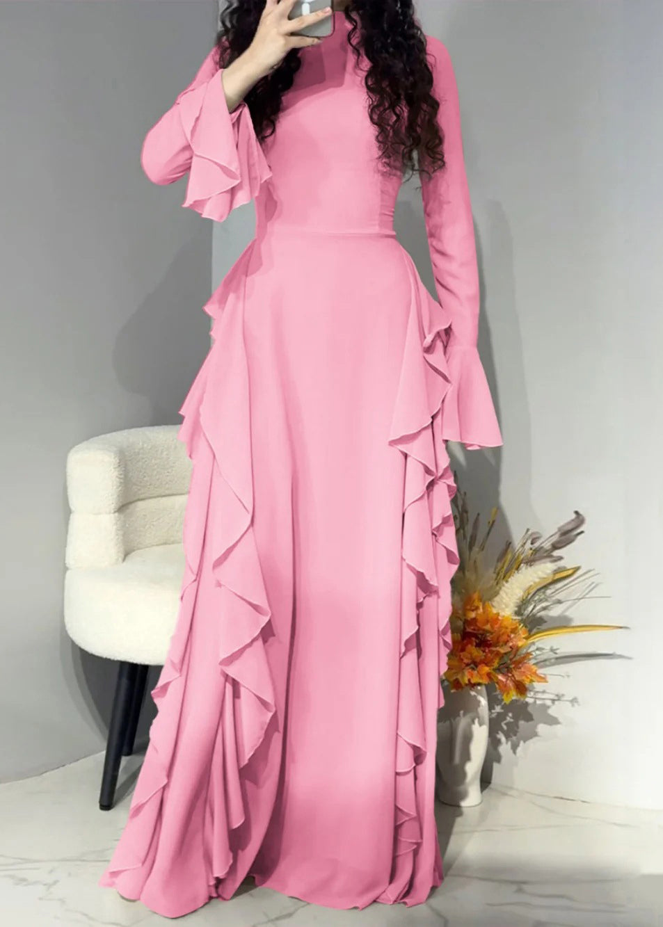 Elegant Pink Solid High Waist Chiffon Maxi Dresses Flare Sleeve - View 4