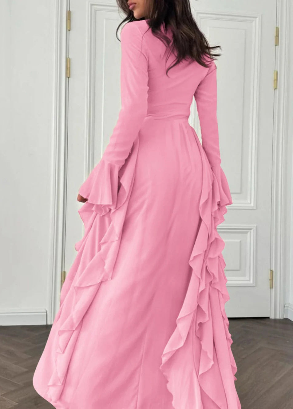 Elegant Pink Solid High Waist Chiffon Maxi Dresses Flare Sleeve - View 5