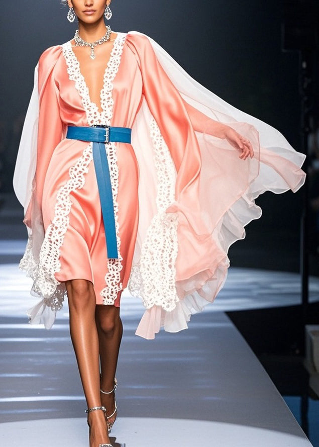 Deep V-Neck Lace Trim Satin Belted Cape Sleeve Knee Length Dress - View 3