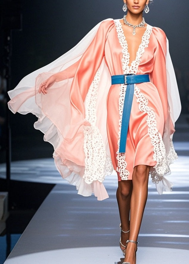 Deep V-Neck Lace Trim Satin Belted Cape Sleeve Knee Length Dress - View 5