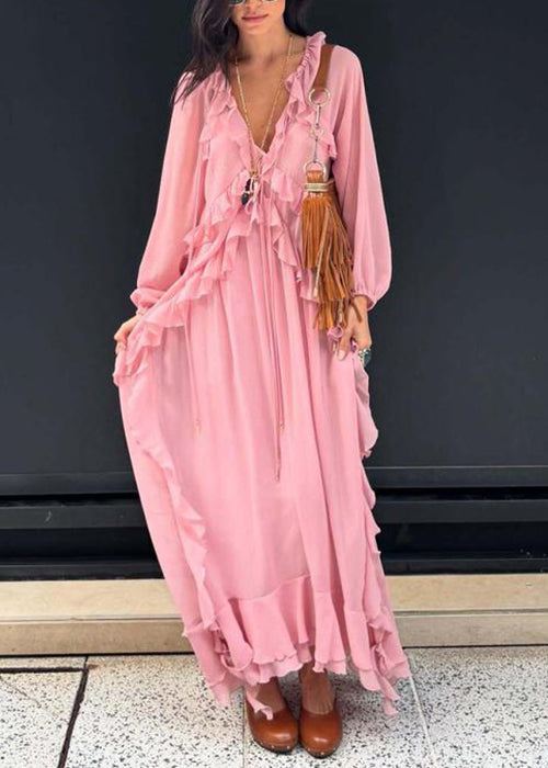 Elegant Pink V Neck Ruffled Chiffon Long Dress Fall - View 2