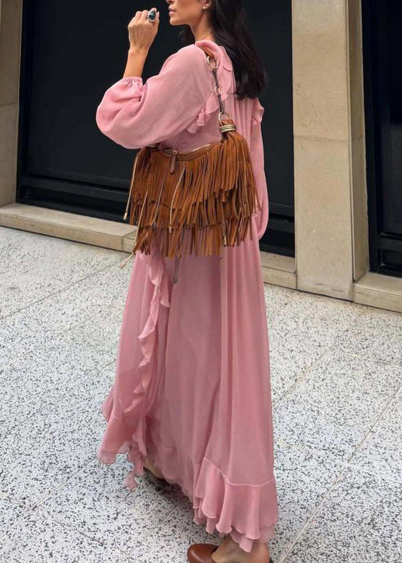 Elegant Pink V Neck Ruffled Chiffon Long Dress Fall - View 5