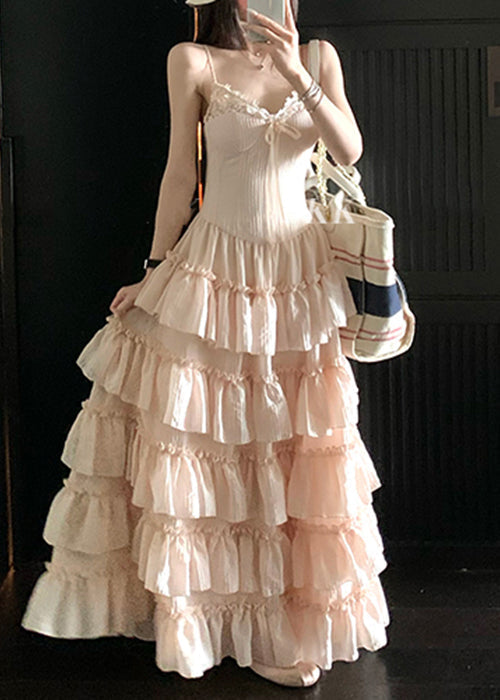 Elegant Pink V Neck Ruffled Lace Spaghetti Strap Dress Sleeveless - View 2