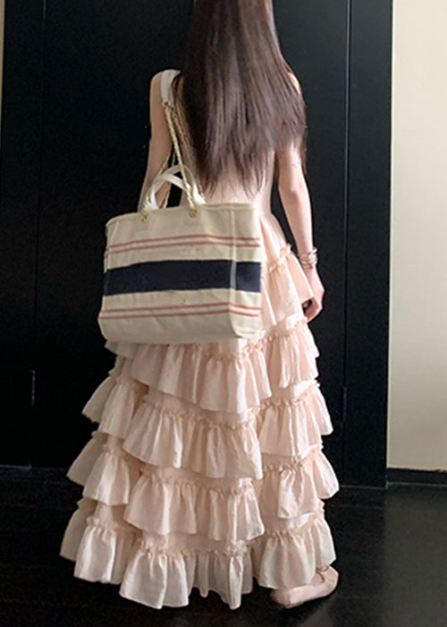 Elegant Pink V Neck Ruffled Lace Spaghetti Strap Dress Sleeveless - View 5