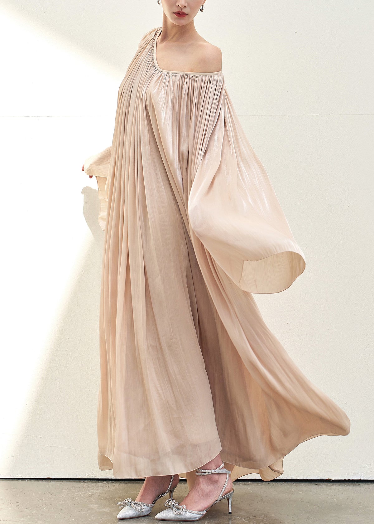 Satin Accordion Pleated One Shoulder Bell Sleeve Flowy Maxi Dress