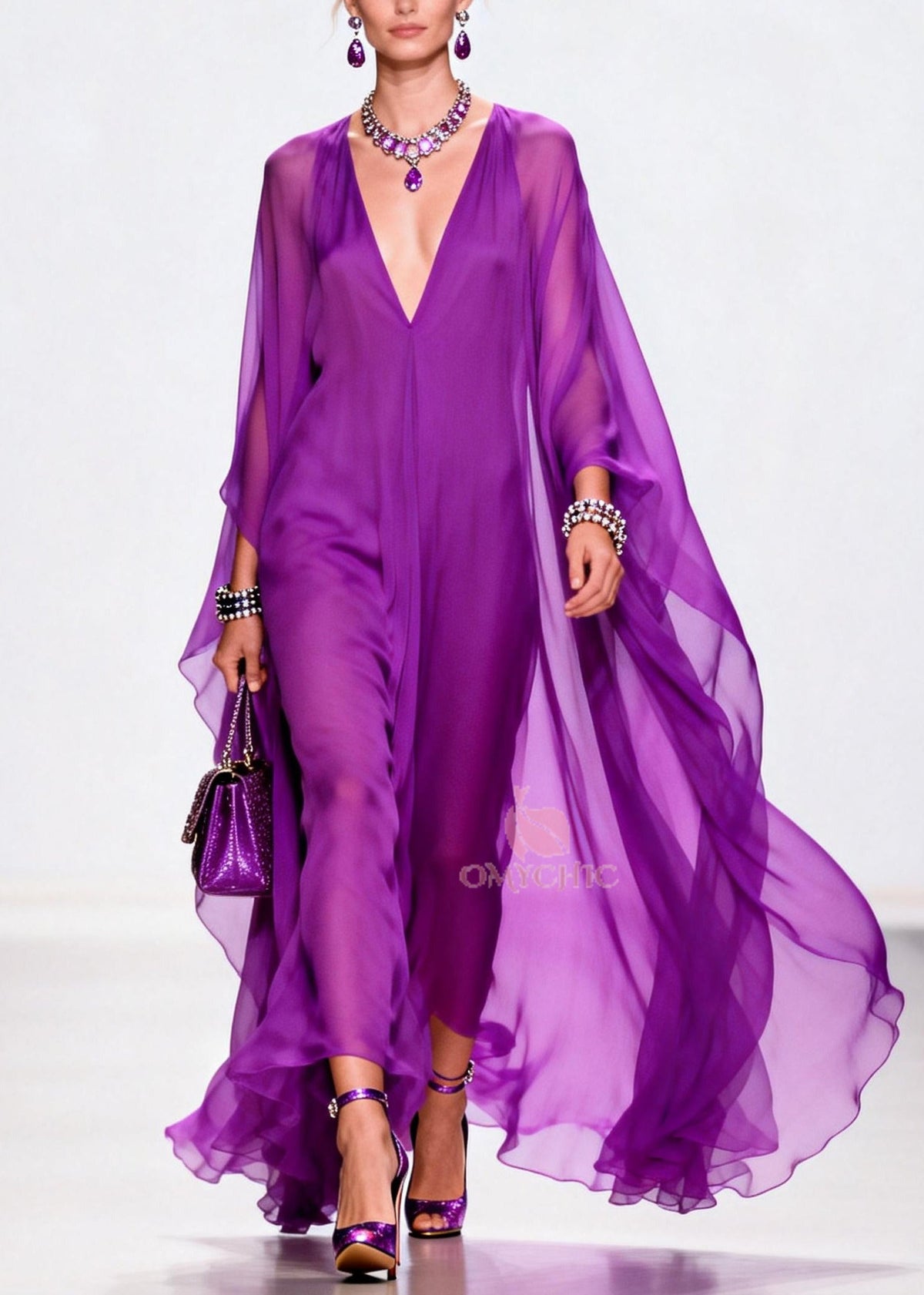 Deep V-Neck Cape Sleeve Draped Chiffon Maxi Dress