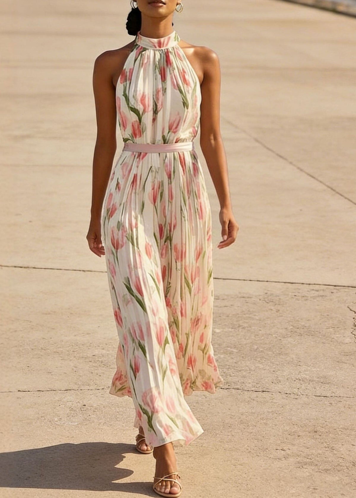 Floral Print Halter Neck Pleated Belted Chiffon Maxi Dress - View 4
