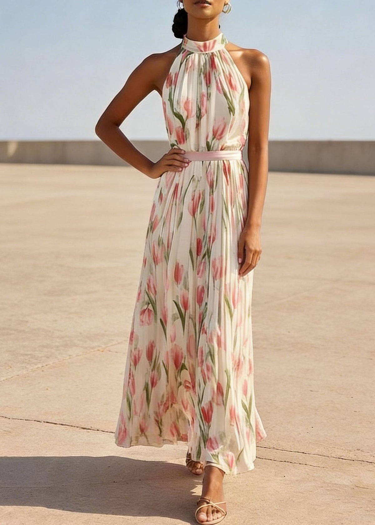 Floral Print Halter Neck Pleated Belted Chiffon Maxi Dress - View 5