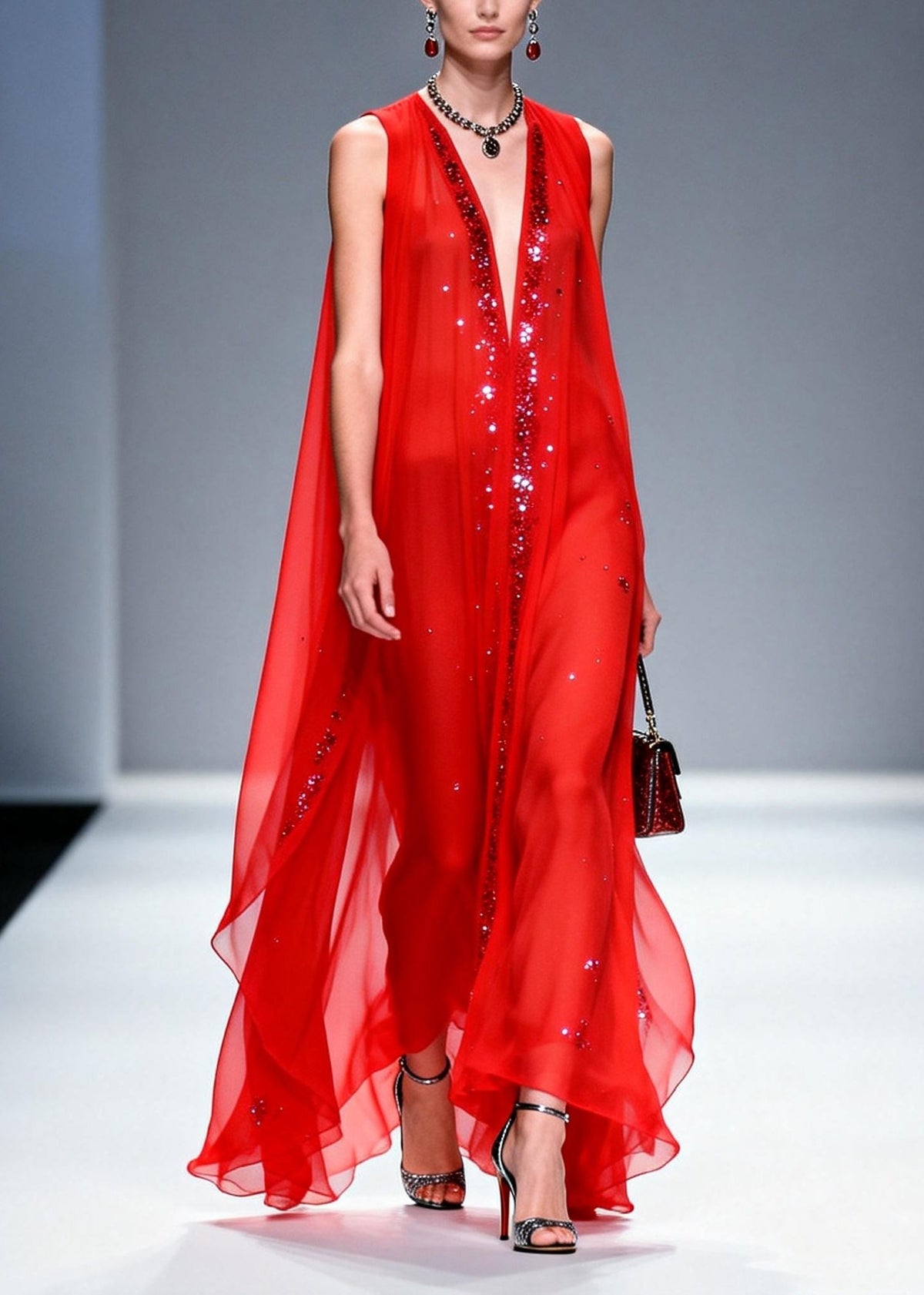 Chiffon Deep V-Neck Sequin Trim Cape Overlay Sleeveless Party Gown