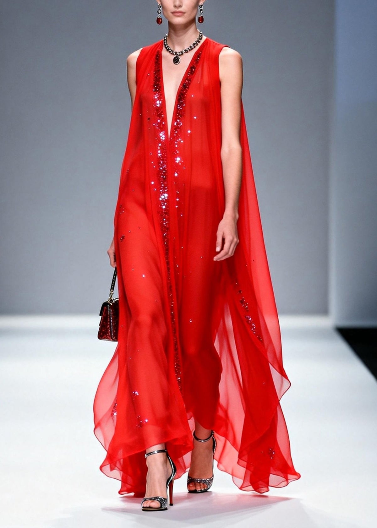 Chiffon Deep V-Neck Sequin Trim Cape Overlay Sleeveless Party Gown - View 3