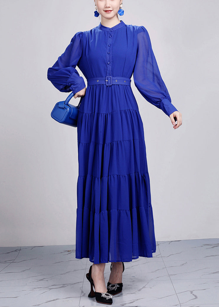 Elegant Red Stand Collar Wrinkled Chiffon Dresses Long Sleeve - View 2