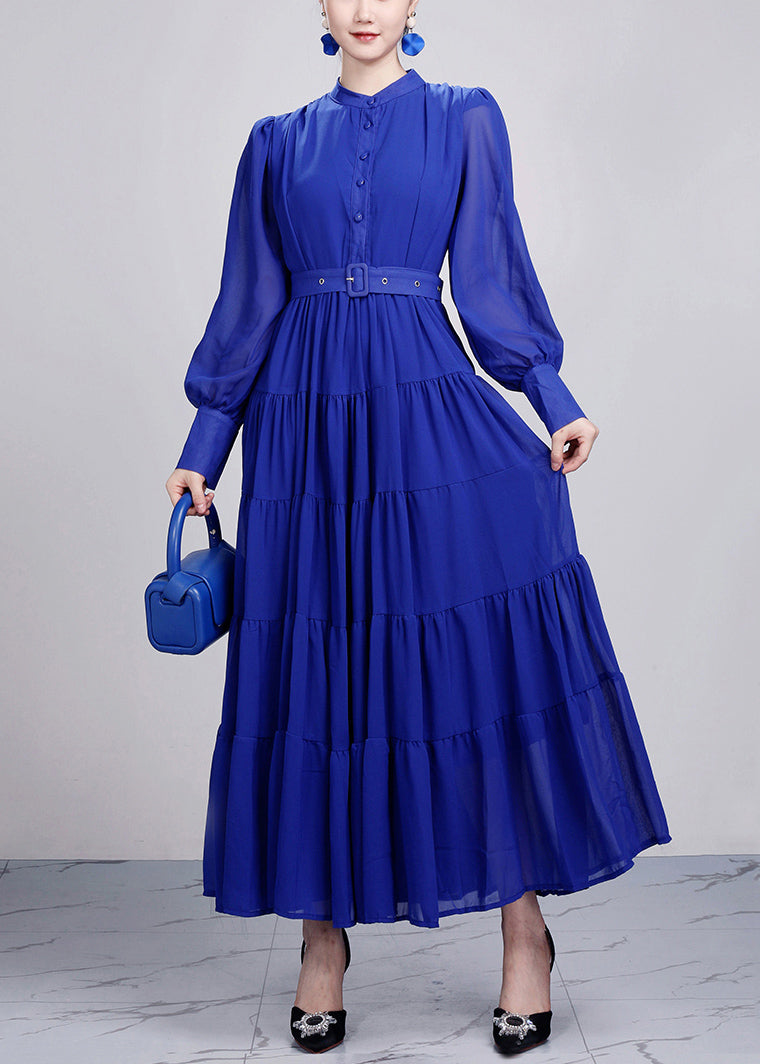 Elegant Red Stand Collar Wrinkled Chiffon Dresses Long Sleeve - View 3