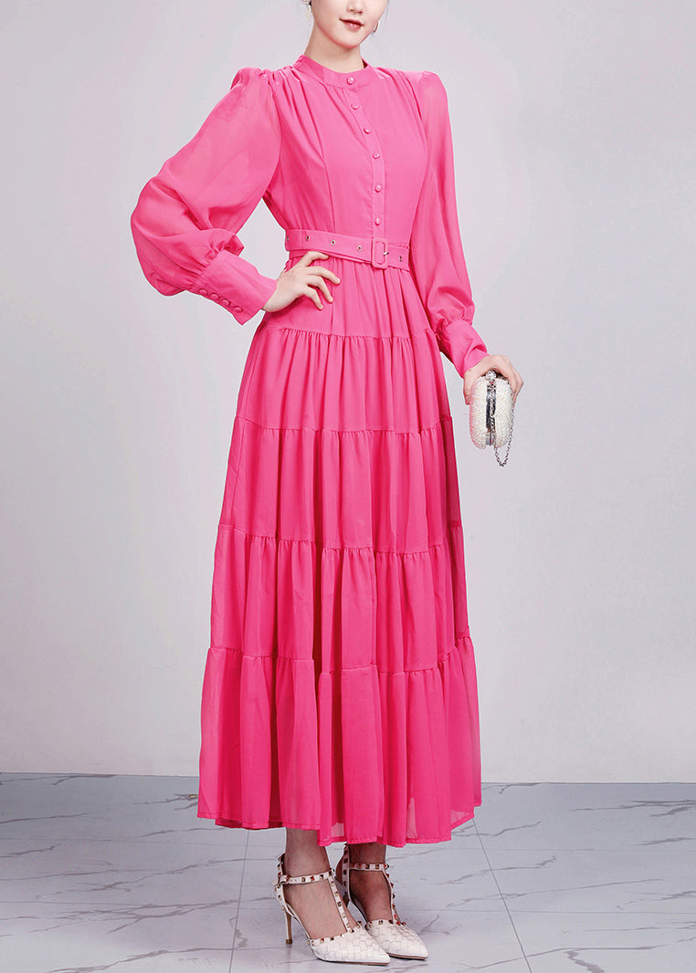 Elegant Red Stand Collar Wrinkled Chiffon Dresses Long Sleeve - View 4