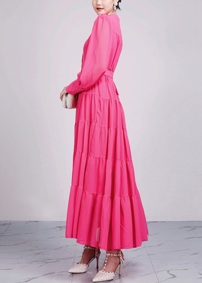 Elegant Red Stand Collar Wrinkled Chiffon Dresses Long Sleeve - View 5
