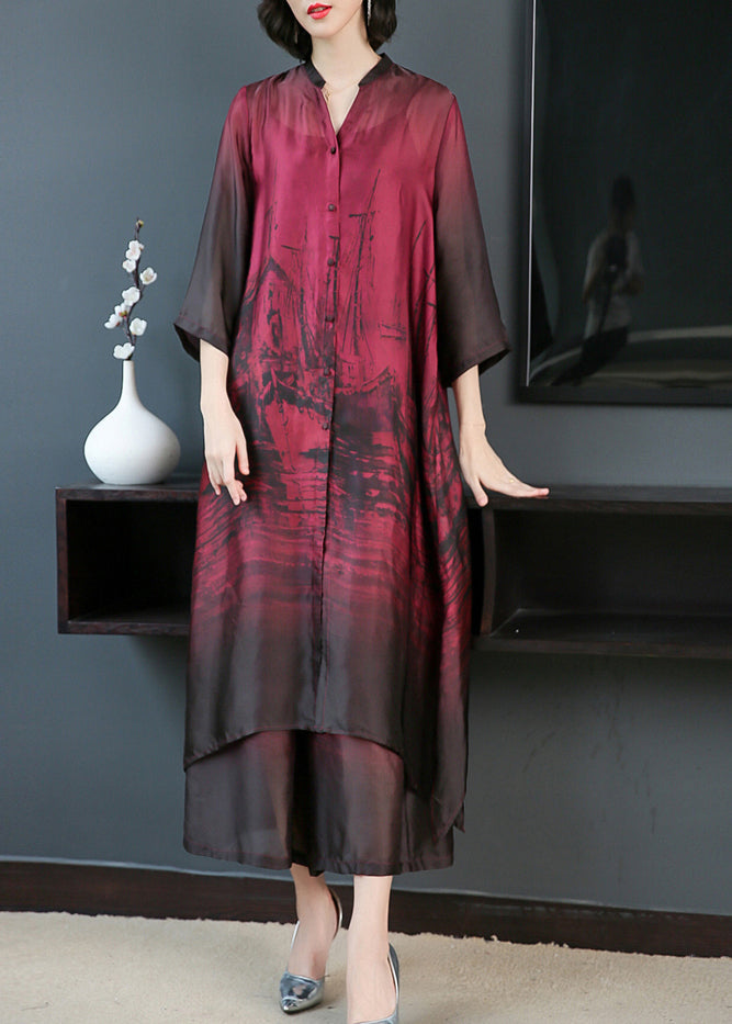 Brushstroke Print Mandarin Collar Button Front Maxi Dress - View 3