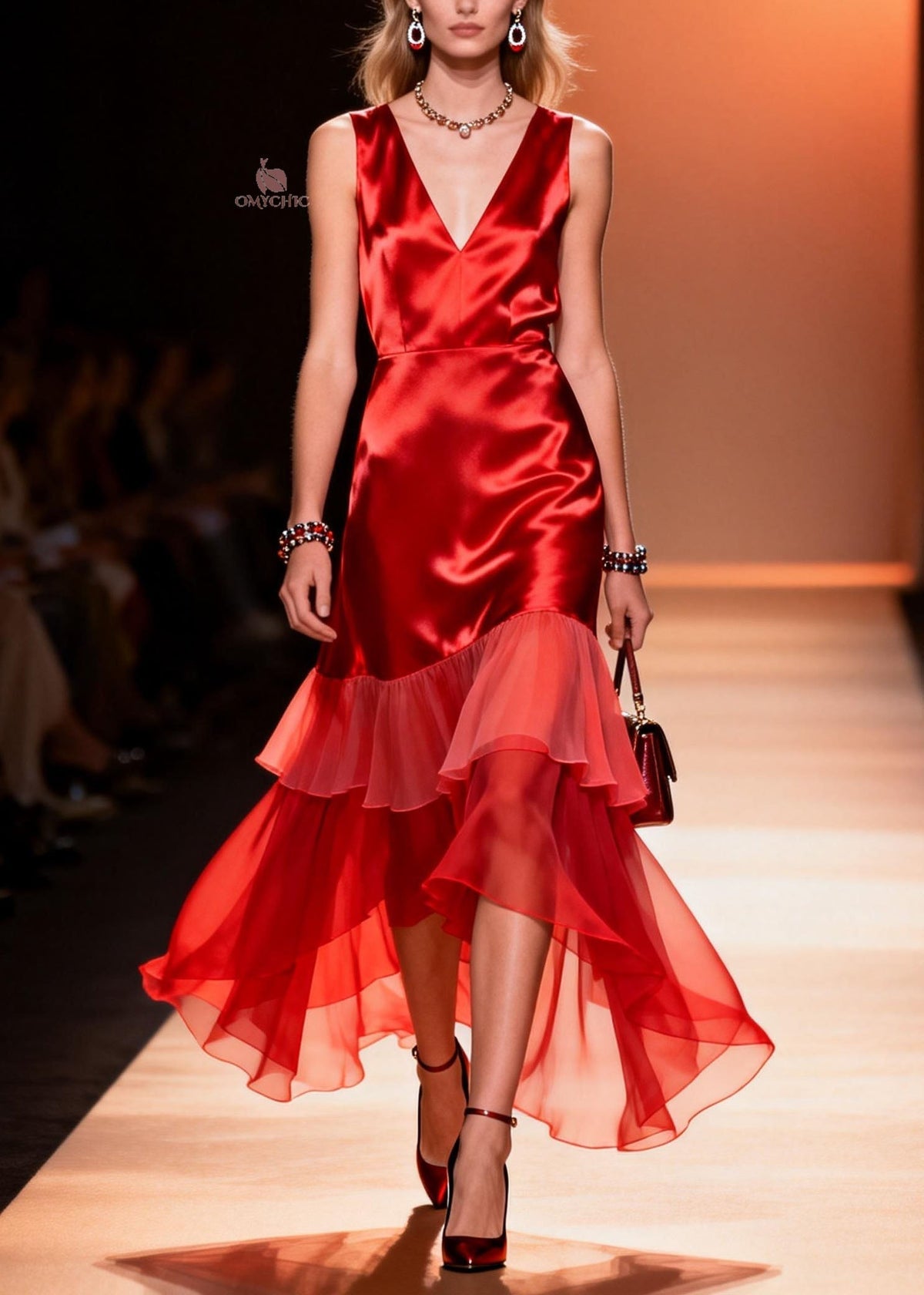 Satin Deep V-Neck Sleeveless Tiered Ruffle Chiffon Party Dress - View 5