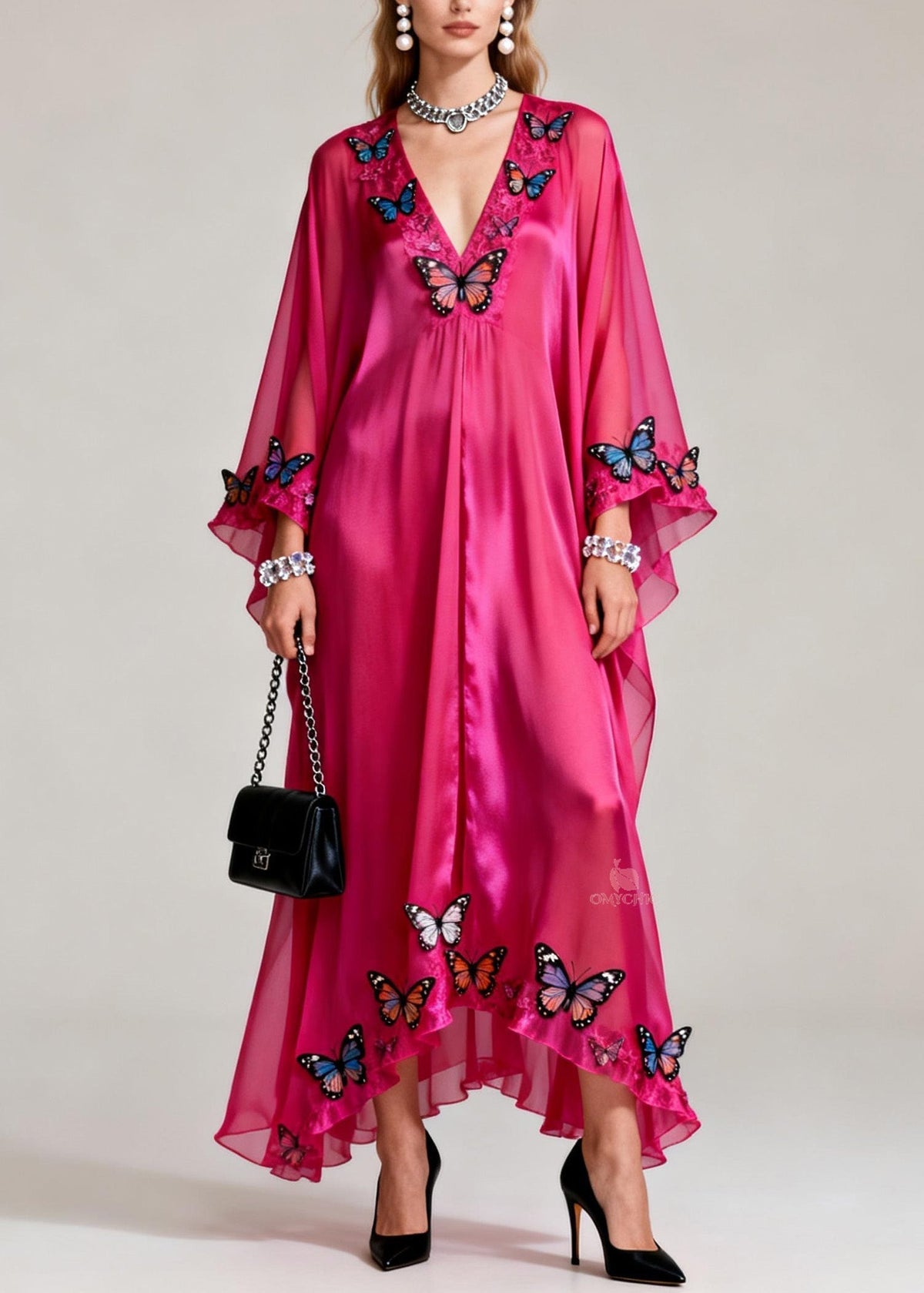 Butterfly Applique Deep V-Neck Ruffled Tier Sheer Maxi Dress
