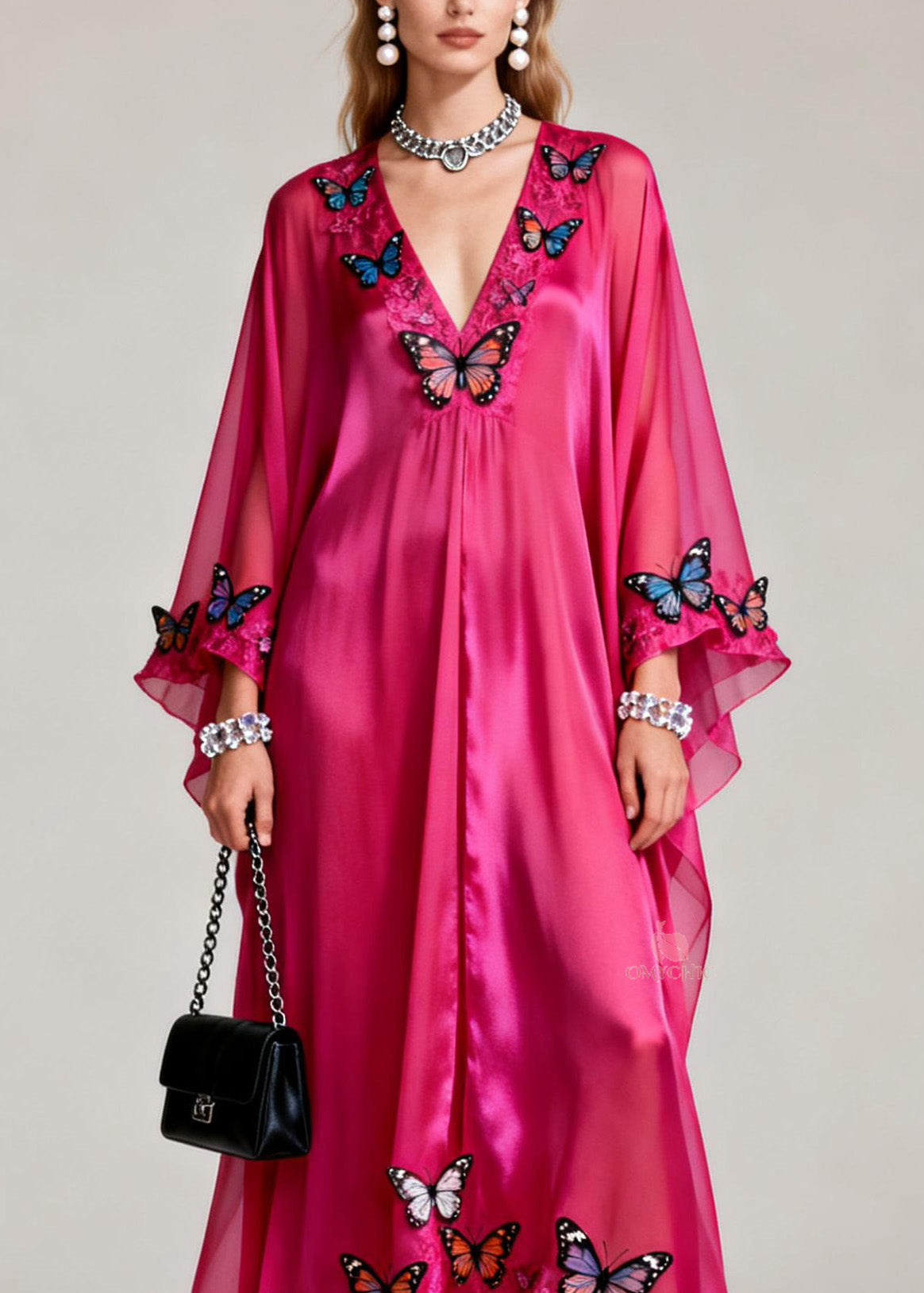 Butterfly Applique Deep V-Neck Ruffled Tier Sheer Maxi Dress - View 2