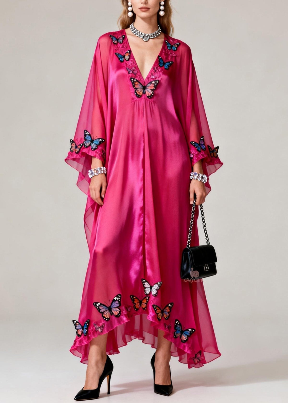 Butterfly Applique Deep V-Neck Ruffled Tier Sheer Maxi Dress - View 3