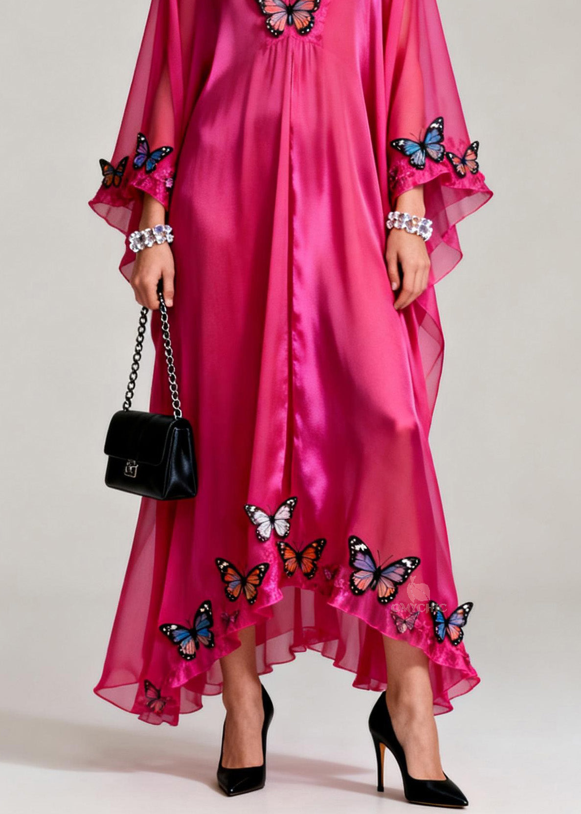 Butterfly Applique Deep V-Neck Ruffled Tier Sheer Maxi Dress - View 4