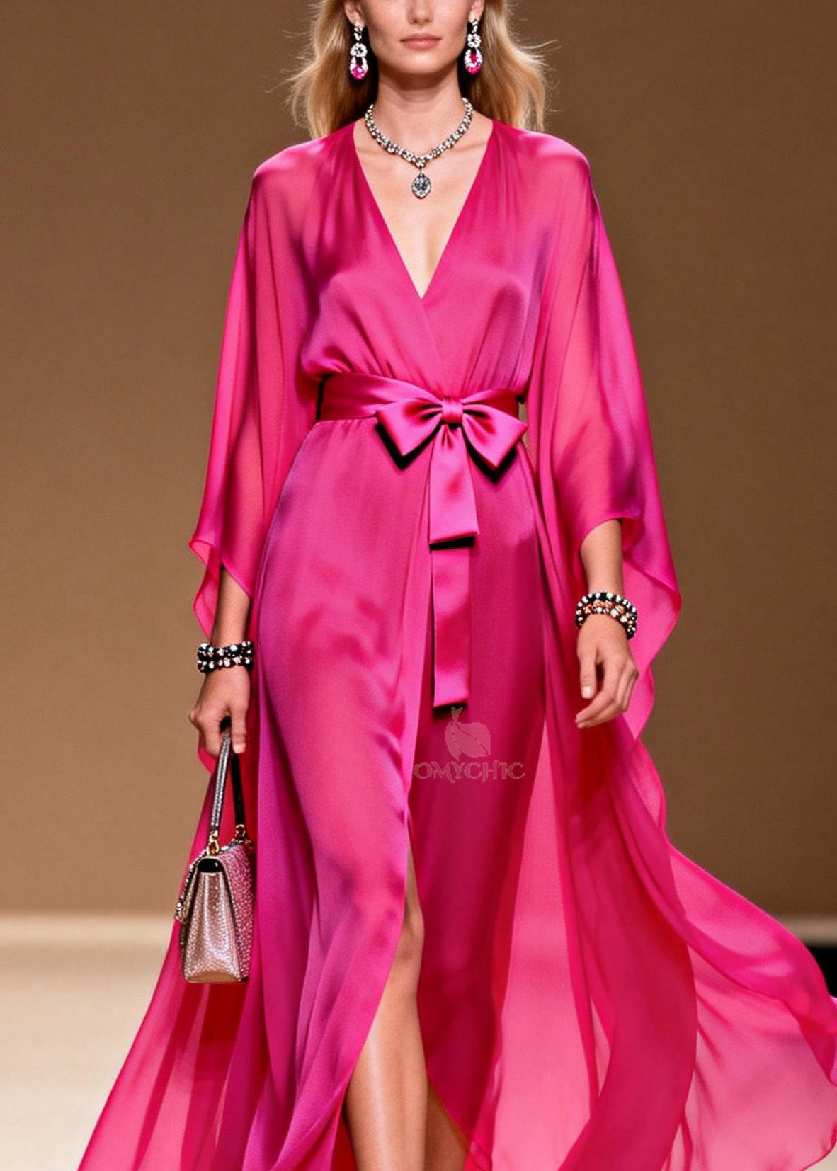 Chiffon Deep V-Neck Wrap Belted Bow Sheer Sleeve High Split Maxi Gown - View 2