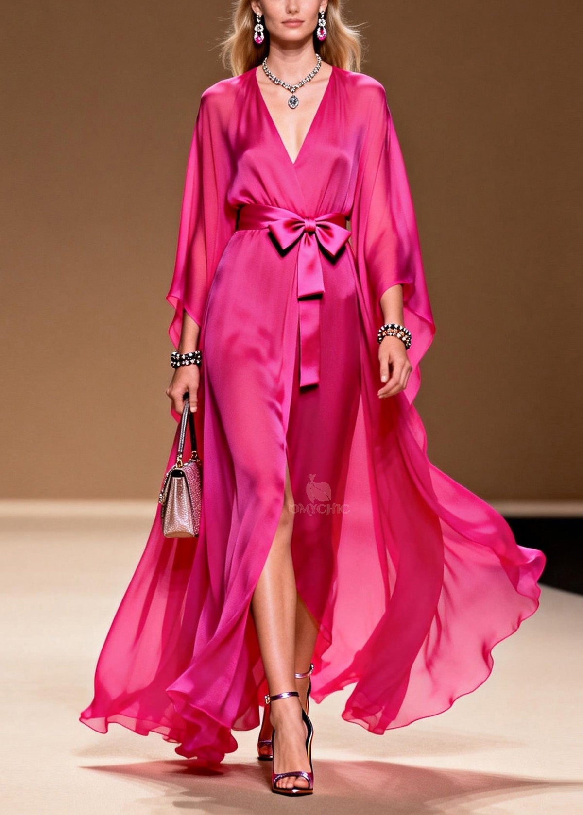 Chiffon Deep V-Neck Wrap Belted Bow Sheer Sleeve High Split Maxi Gown - View 5