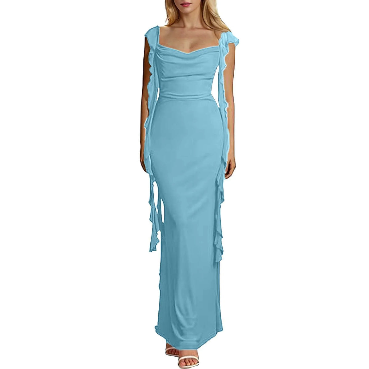 Ruffle Square Neck Backless Sleeveless Party Maxi Dress - View 3