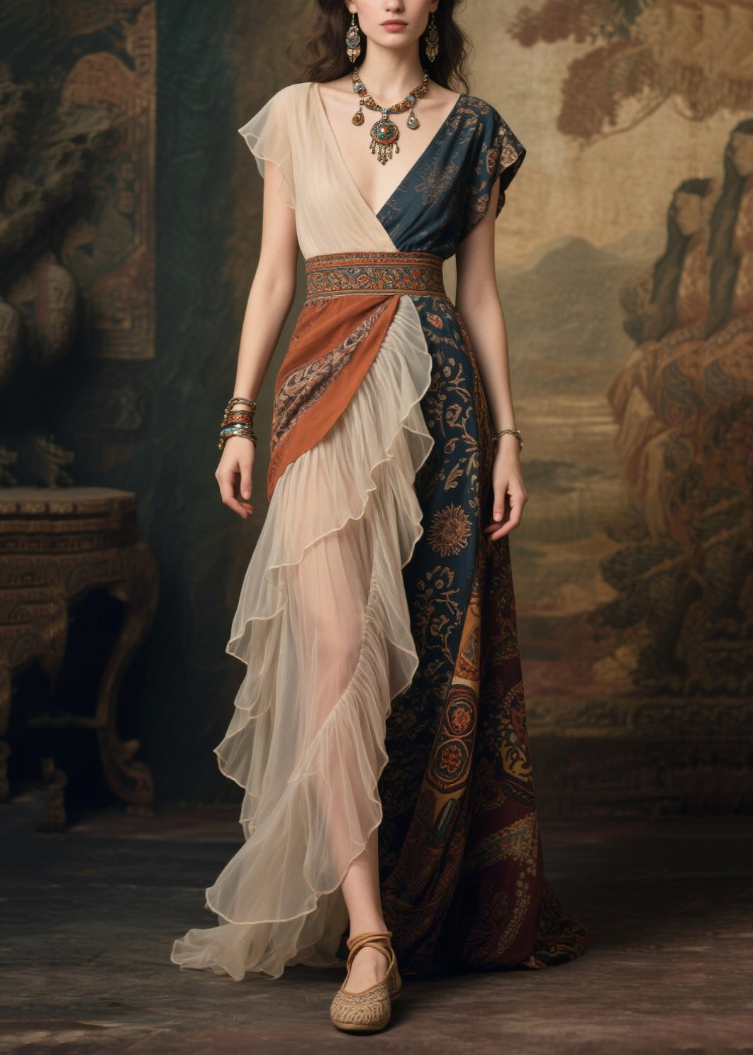 Chiffon Deep V-Neck Asymmetrical Cap Sleeve Paisley Maxi Gown - View 5