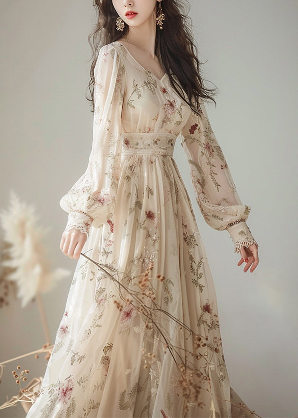 Elegant V Neck Print High Waist Chiffon Dress Long Sleeve - View 2