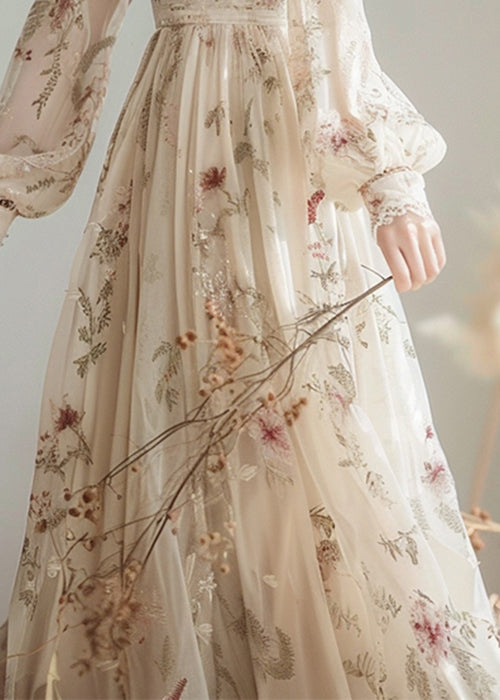 Elegant V Neck Print High Waist Chiffon Dress Long Sleeve - View 5