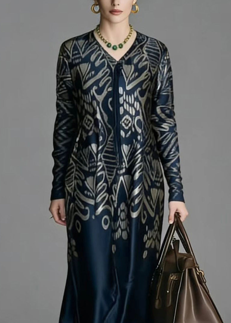 Abstract Print V-Neck Tie Neck Long Sleeve Flowy Midi Dress - View 2