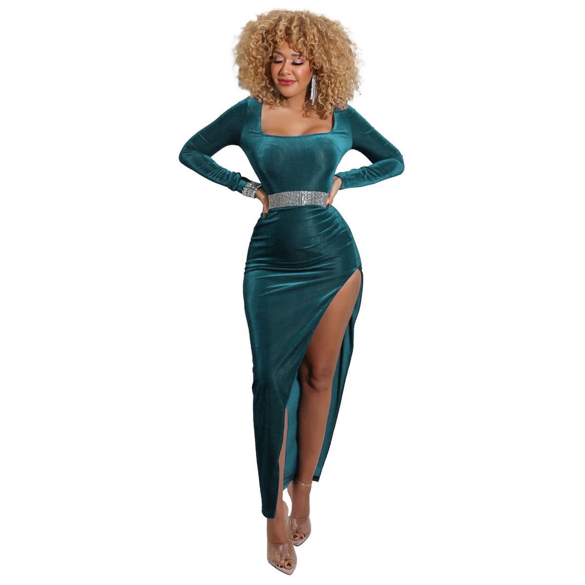 Velvet Square Neck Long Sleeve Ruched High Split Bodycon Maxi Dress - View 11