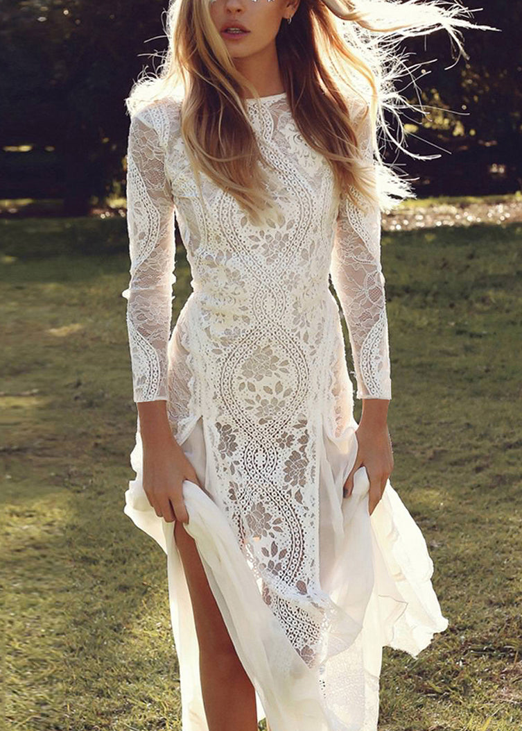 Elegant White Backless Hollow Out Lace Maxi Dresses Spring - View 3
