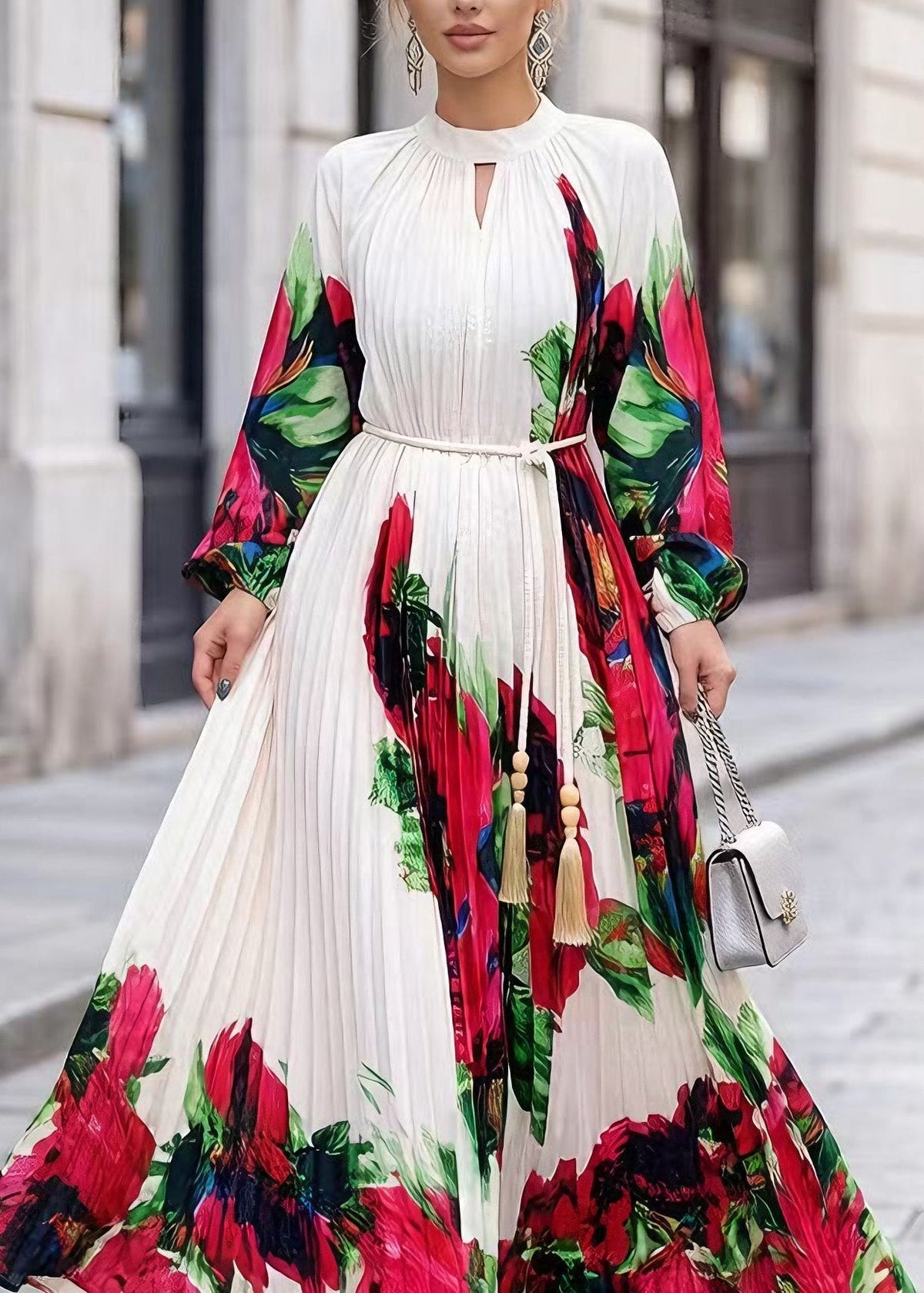 Elegant White O Neck Print Chiffon Maxi Dresses Spring - View 2