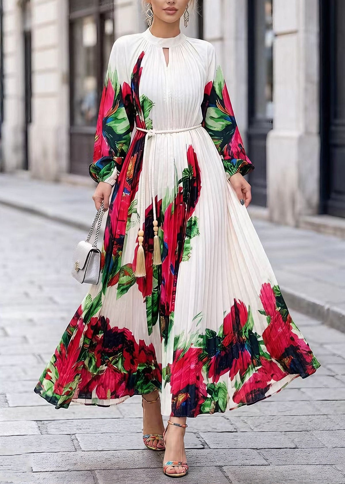 Elegant White O Neck Print Chiffon Maxi Dresses Spring - View 3