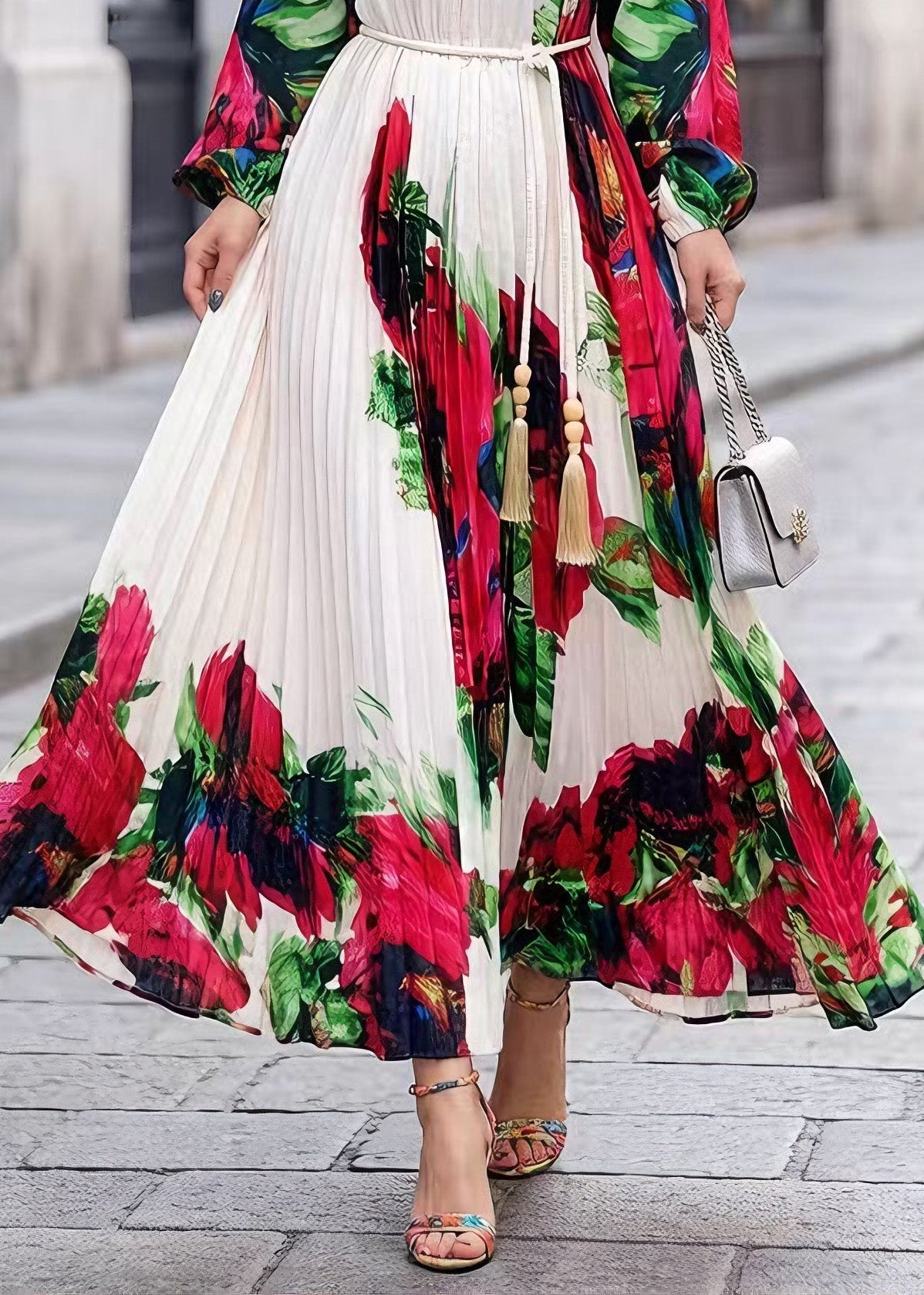 Elegant White O Neck Print Chiffon Maxi Dresses Spring - View 4