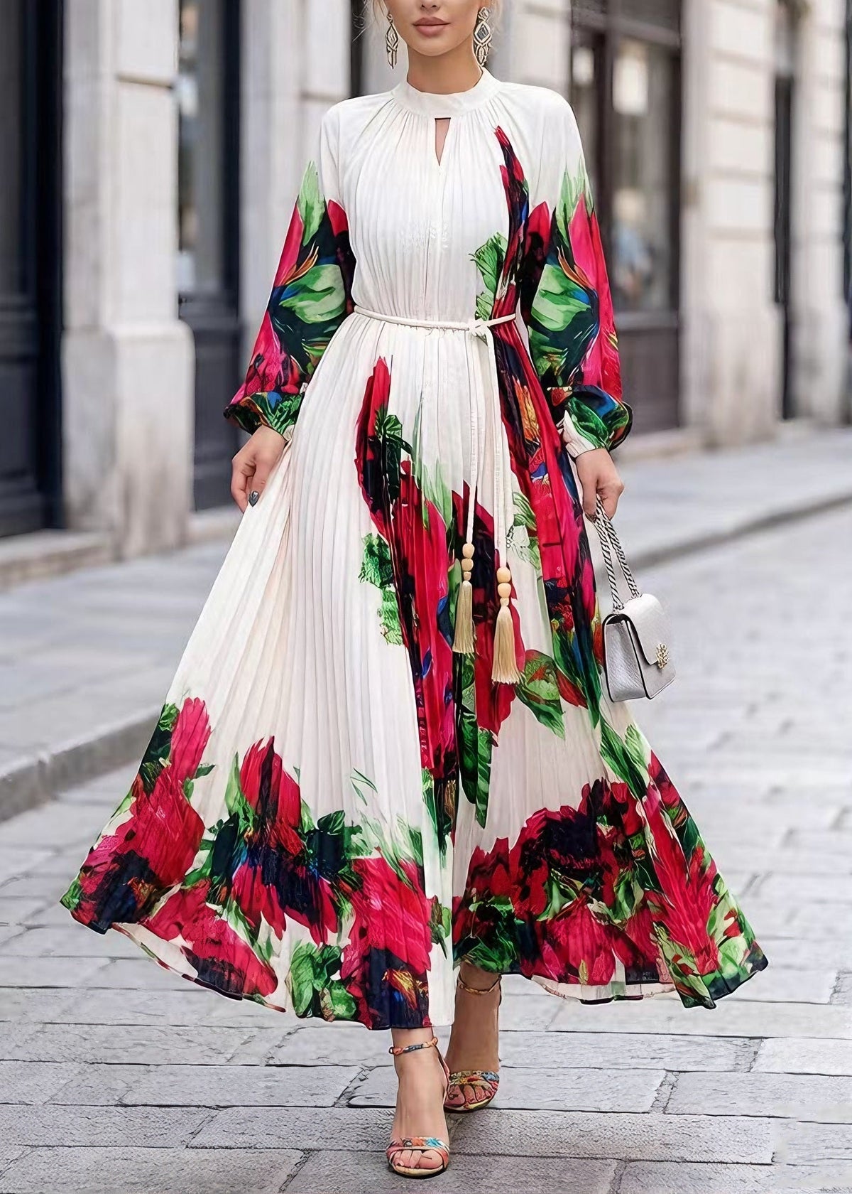 Elegant White O Neck Print Chiffon Maxi Dresses Spring - View 5