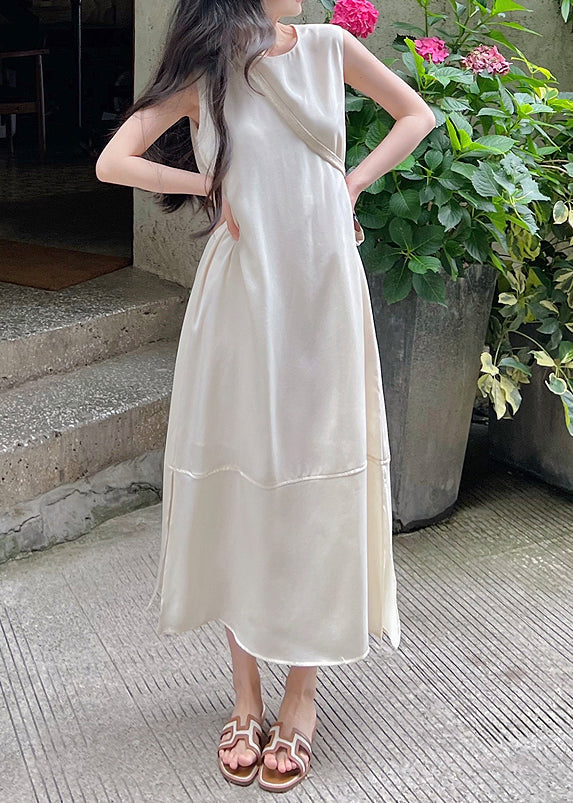 Satin Round Neck Sleeveless Tiered Panel Side Slit Maxi Dress - View 2