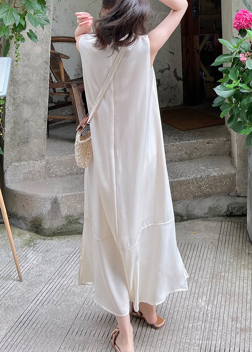Satin Round Neck Sleeveless Tiered Panel Side Slit Maxi Dress - View 5