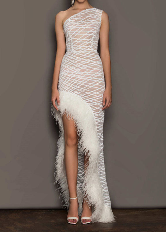 One Shoulder Mesh Lattice Sequin Feather Trim High Split Gown