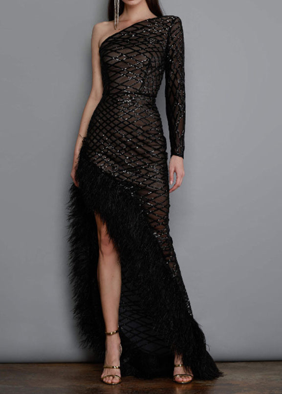 One Shoulder Mesh Lattice Sequin Feather Trim High Split Gown - View 2