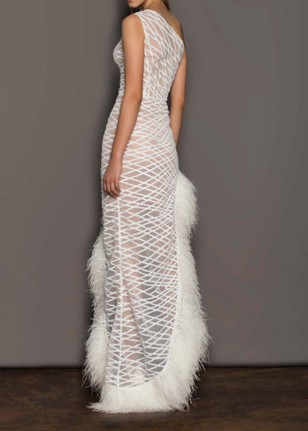 One Shoulder Mesh Lattice Sequin Feather Trim High Split Gown - View 3