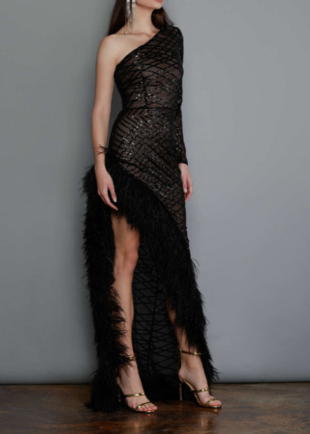 One Shoulder Mesh Lattice Sequin Feather Trim High Split Gown - View 4