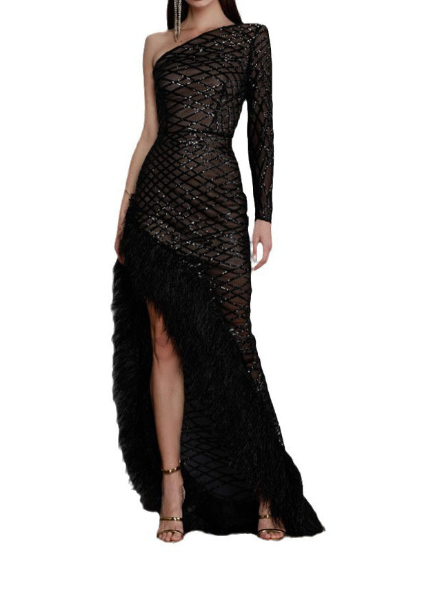One Shoulder Mesh Lattice Sequin Feather Trim High Split Gown - View 5