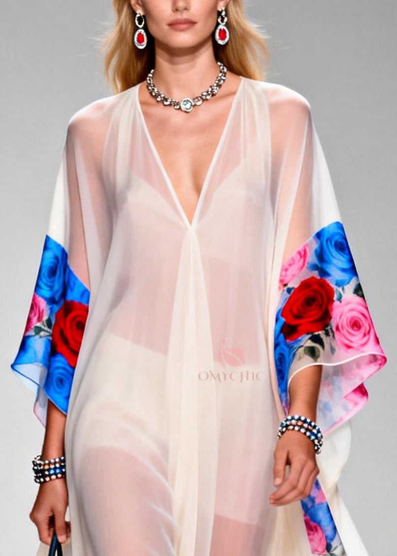 Elegant White Oversized Print Sheer Chiffon Maxi Dresses Summer - View 2