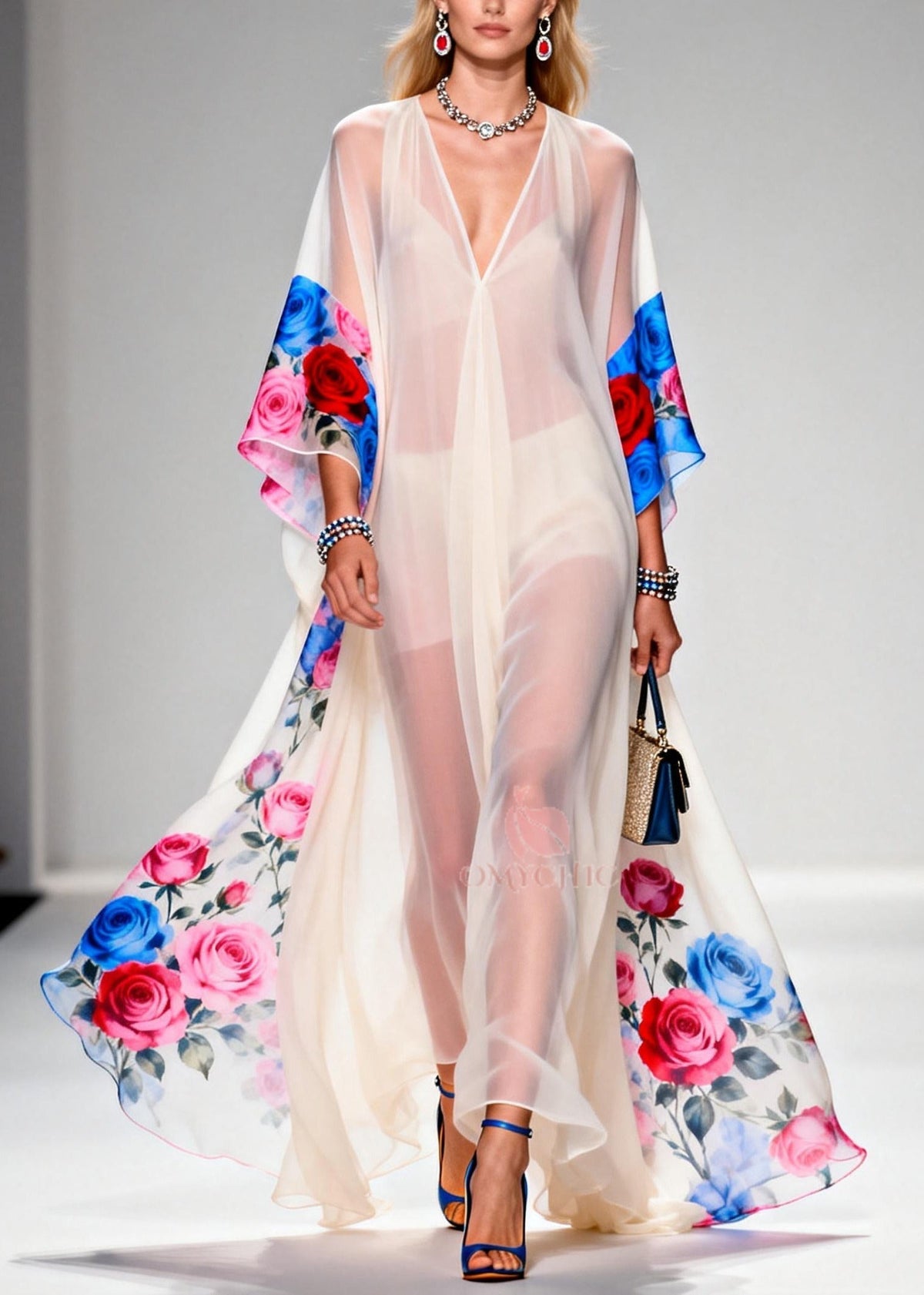 Elegant White Oversized Print Sheer Chiffon Maxi Dresses Summer - View 3